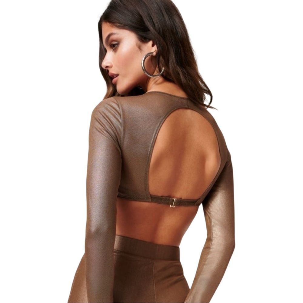 EUC Good American Metallic Bronze Mesh Underwire Crop Top in Mocha Foil (K-1) - Picture 2 of 13